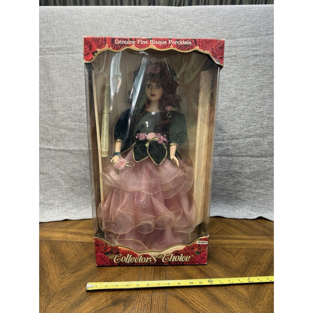 New‎ In Box Collectors Choice Porcelain Dolly Large Floral Pink Ruffles Brunette
